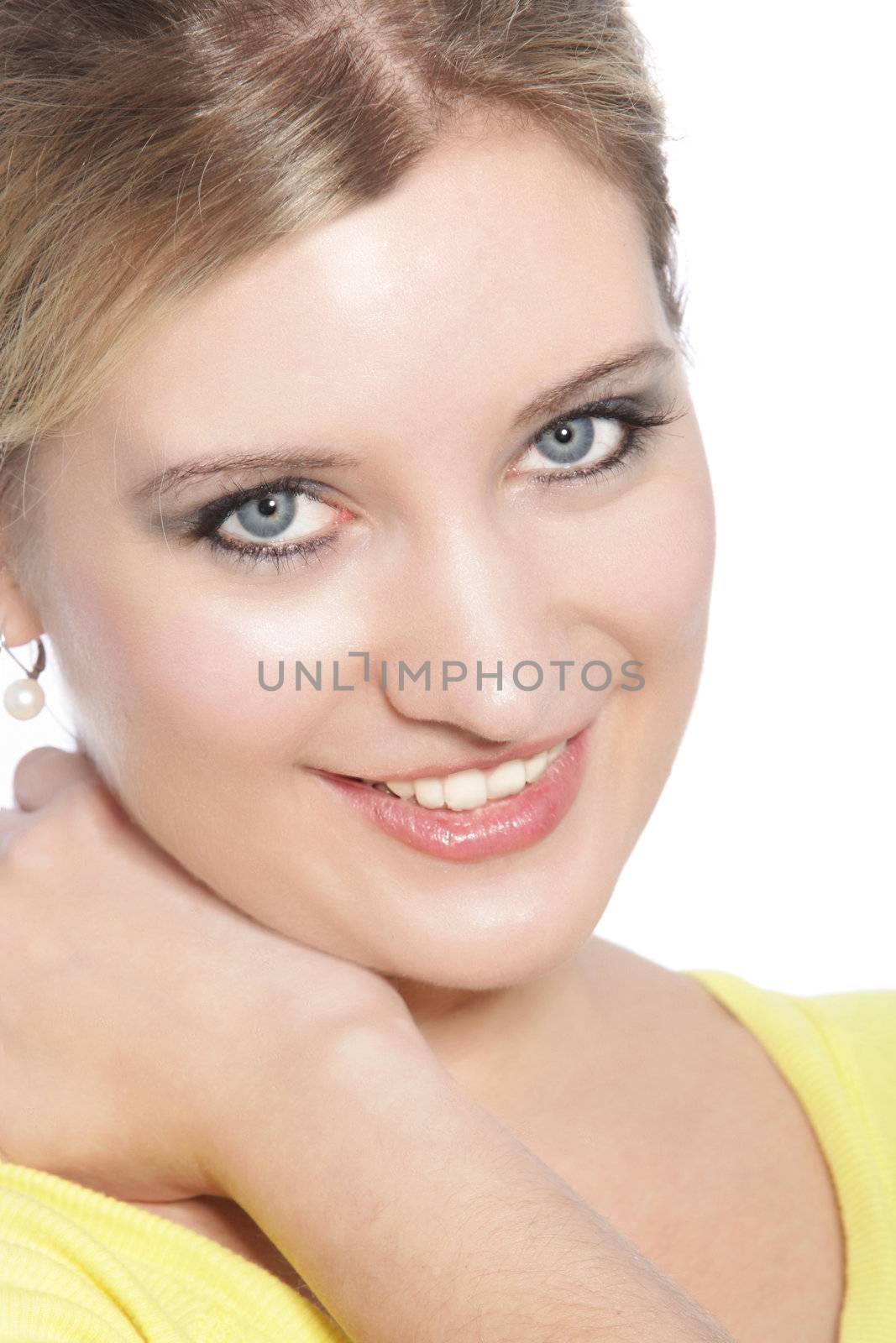 Close up portrait of beautiful blonde woman on white background