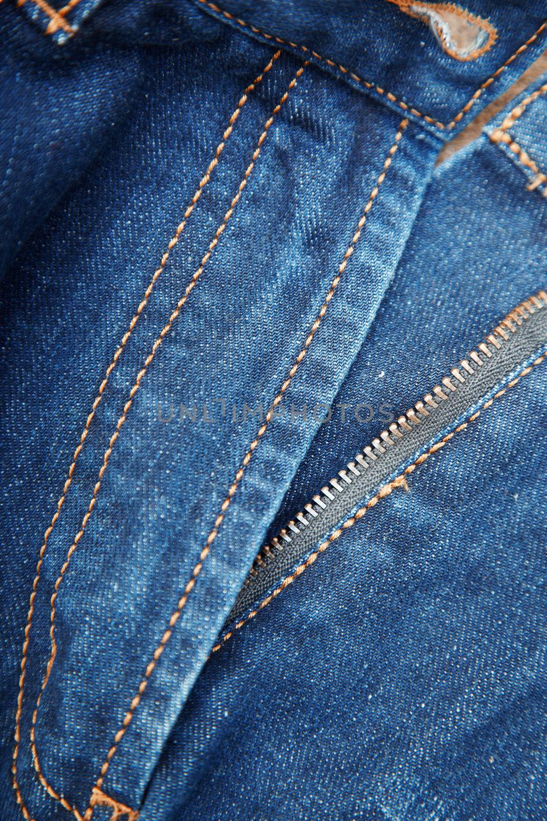 Fly front of blue jeans. Close-up photo