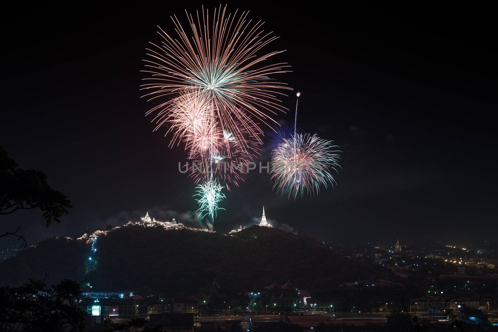 Firework over city
