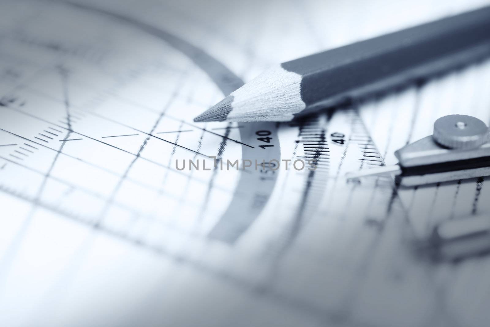 Scheme with compasses rulers and pencil. Monochrome photo