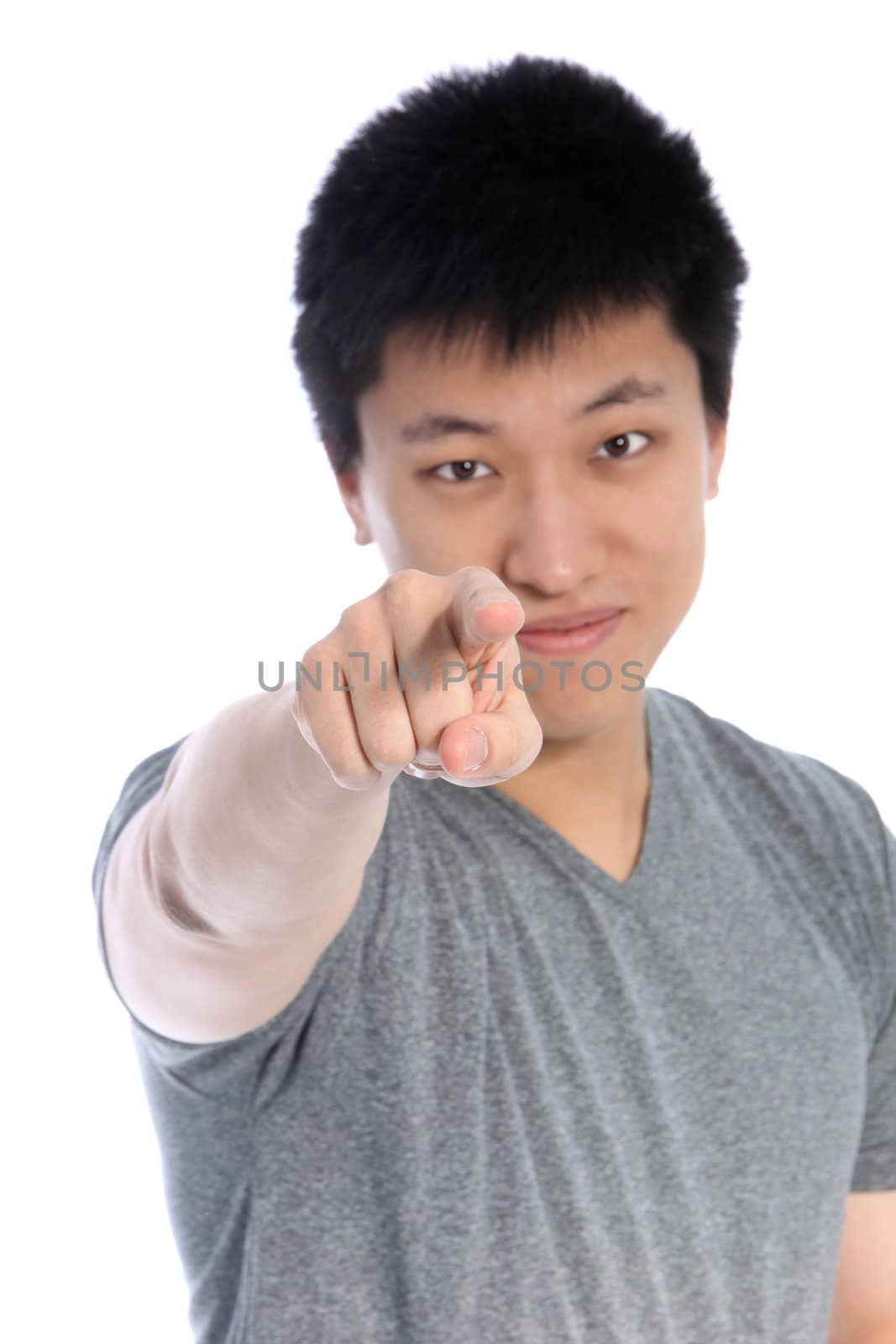 Asian man with a stern expression pointing an accusatory finger directly at the camera