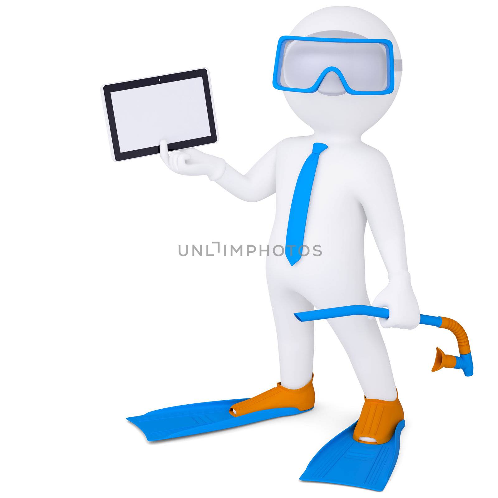 3d man in flippers holding tablet by cherezoff