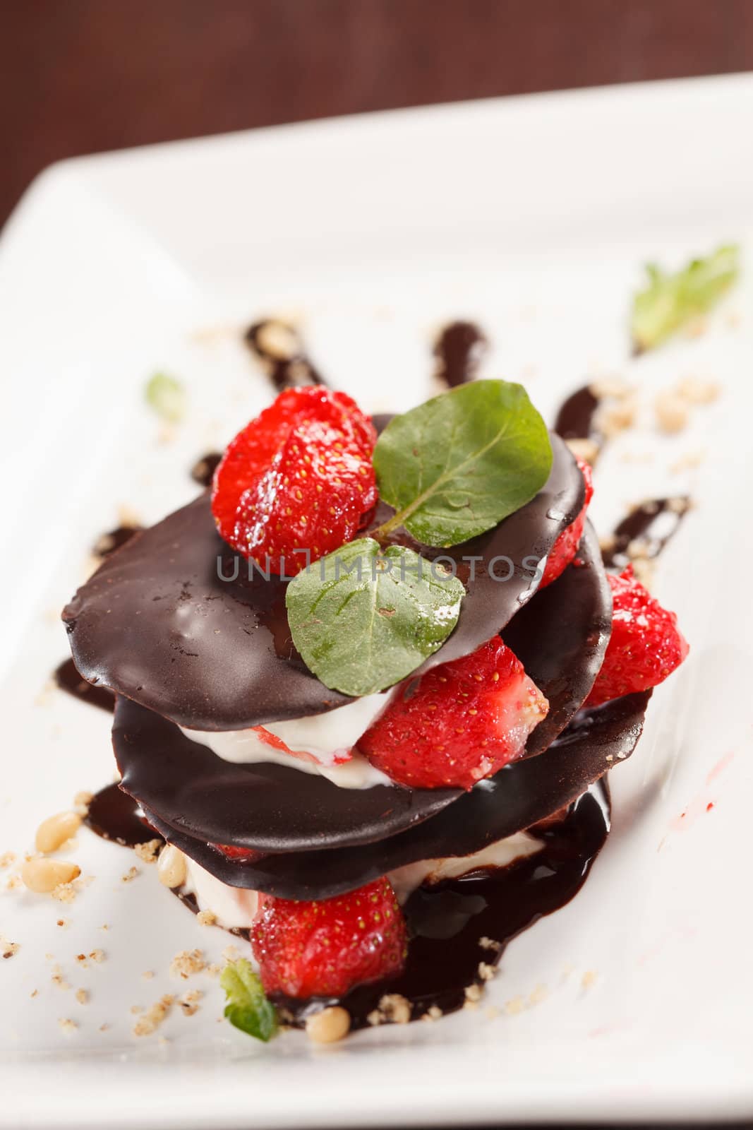 chocolate dessert with strawberry by shebeko