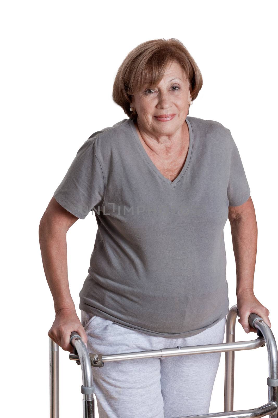 Portrait of elderly woman with zimmerframe.