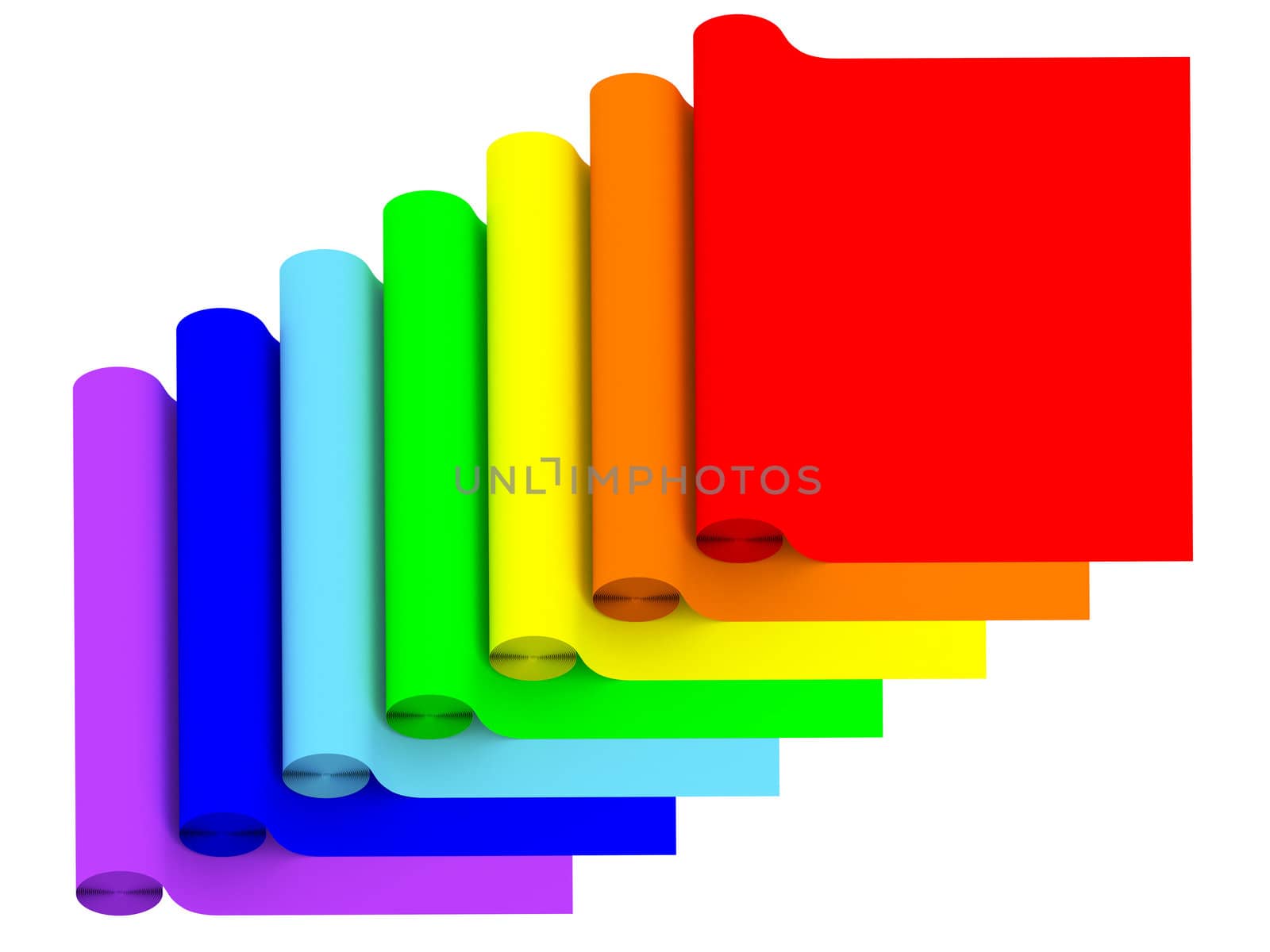 Rolls of rainbow color materials isolated on white. High resolution 3D image
