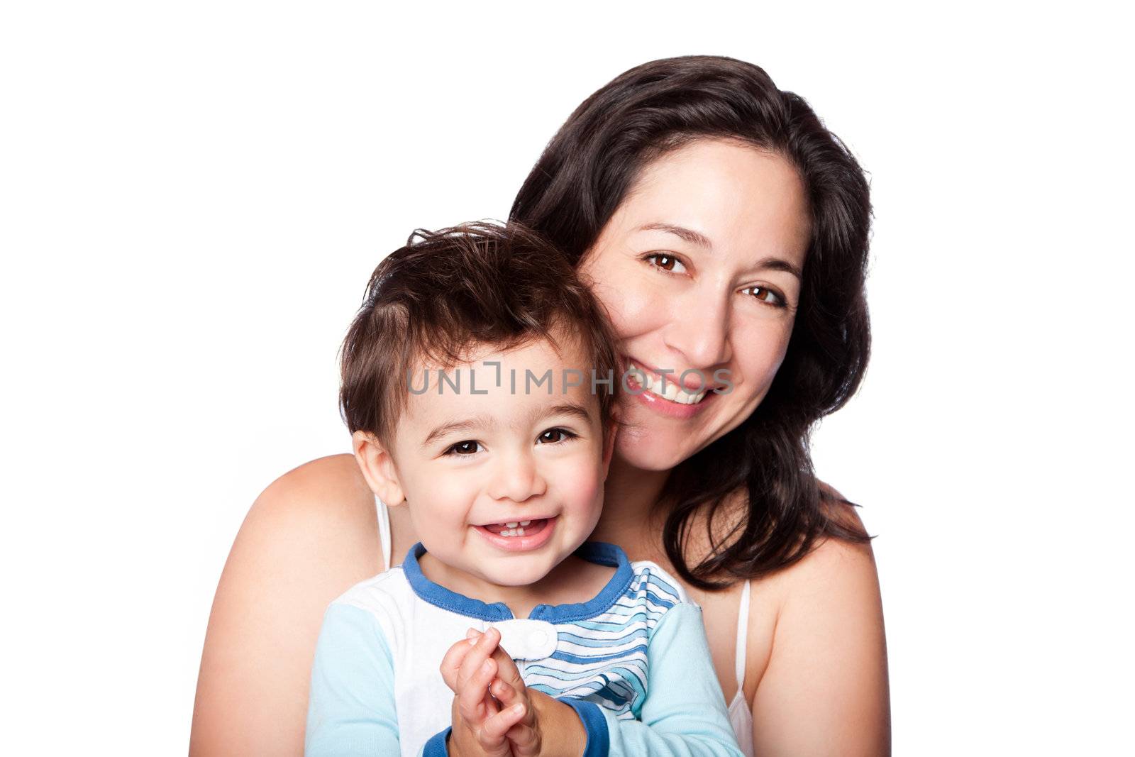 Beautiful happy mother and baby toddler son smiling together, isolated.