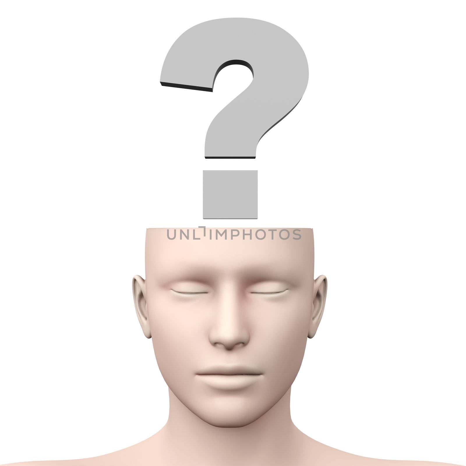 A generic questioning person. Question mark in the head. 3D rendered Illustration.