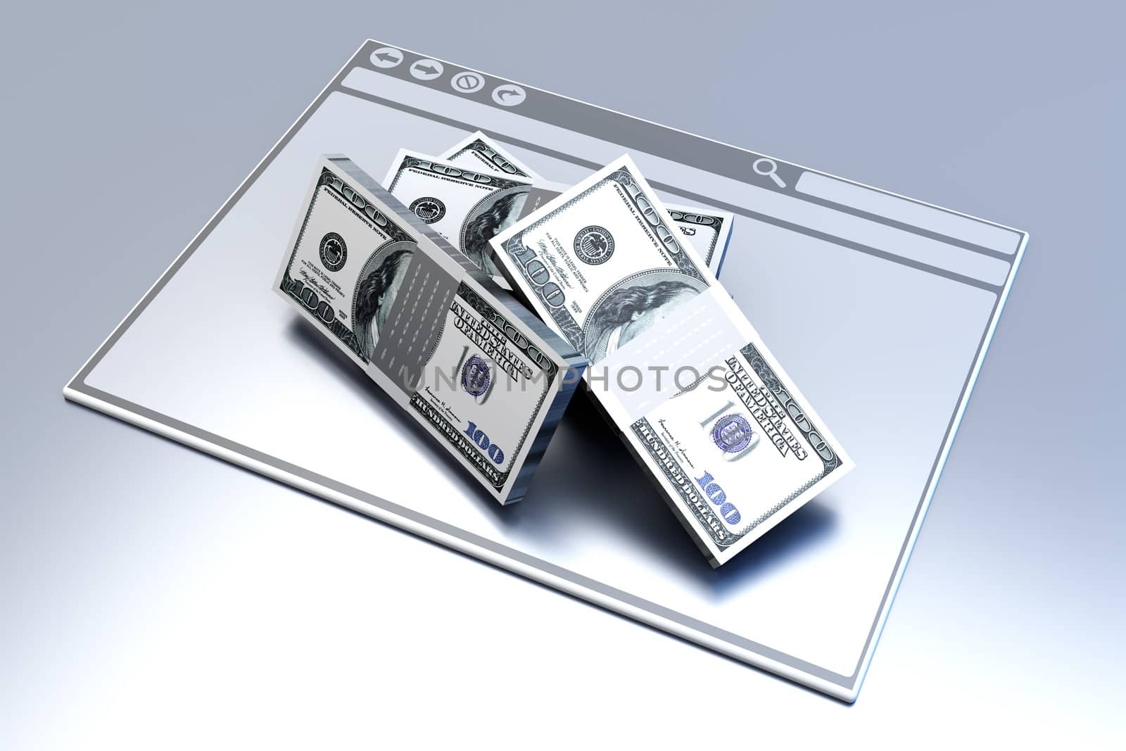 Dollars in a Browser window. 3D rendered illustration.