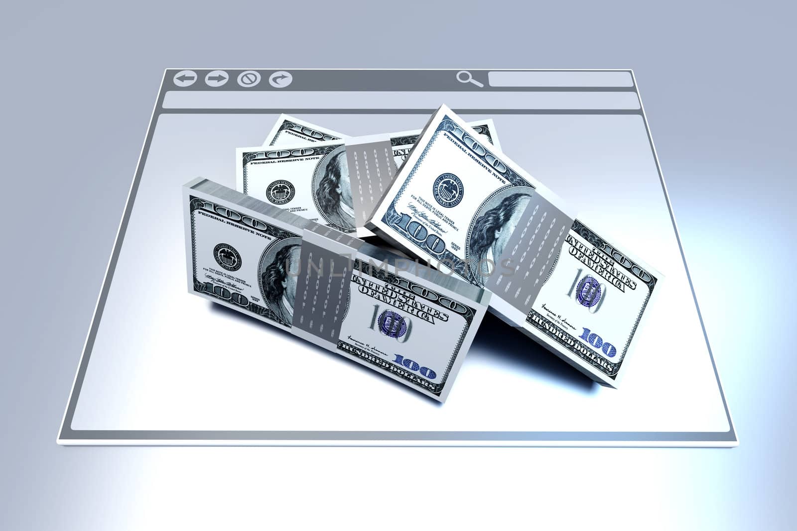 Dollars in a Browser window. 3D rendered illustration.