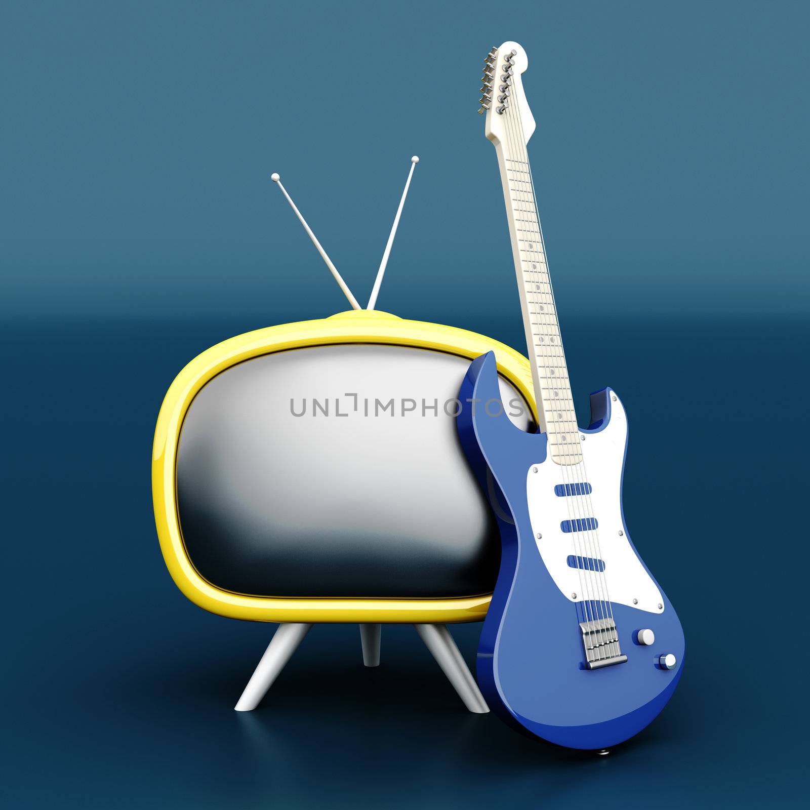 3D rendered Illustration. Retro tube TV with an classic electric Guitar.