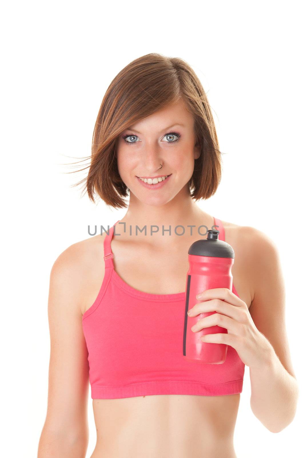 young beautiful sport woman portrait with a bottle isolated on w by Lcrespi