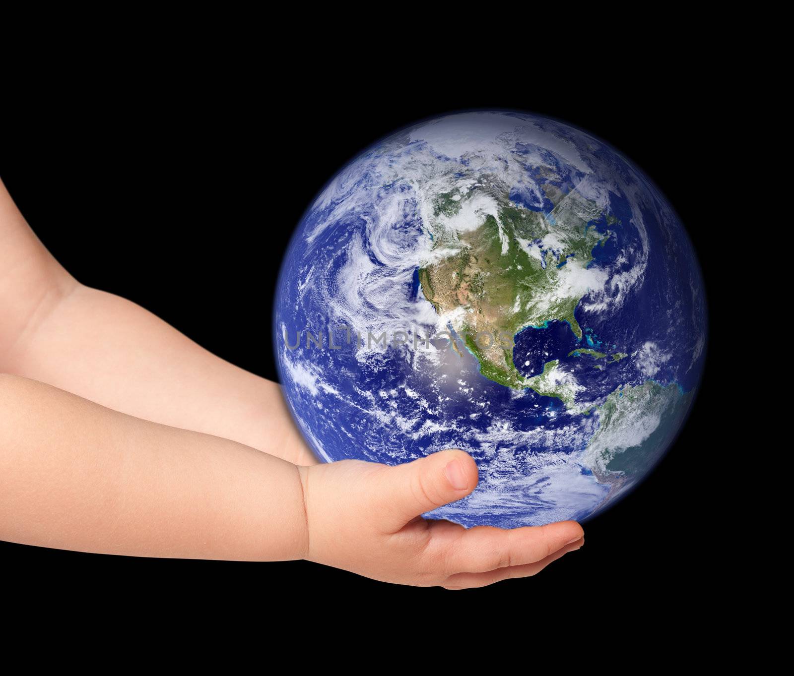 Little girl hold globe on black