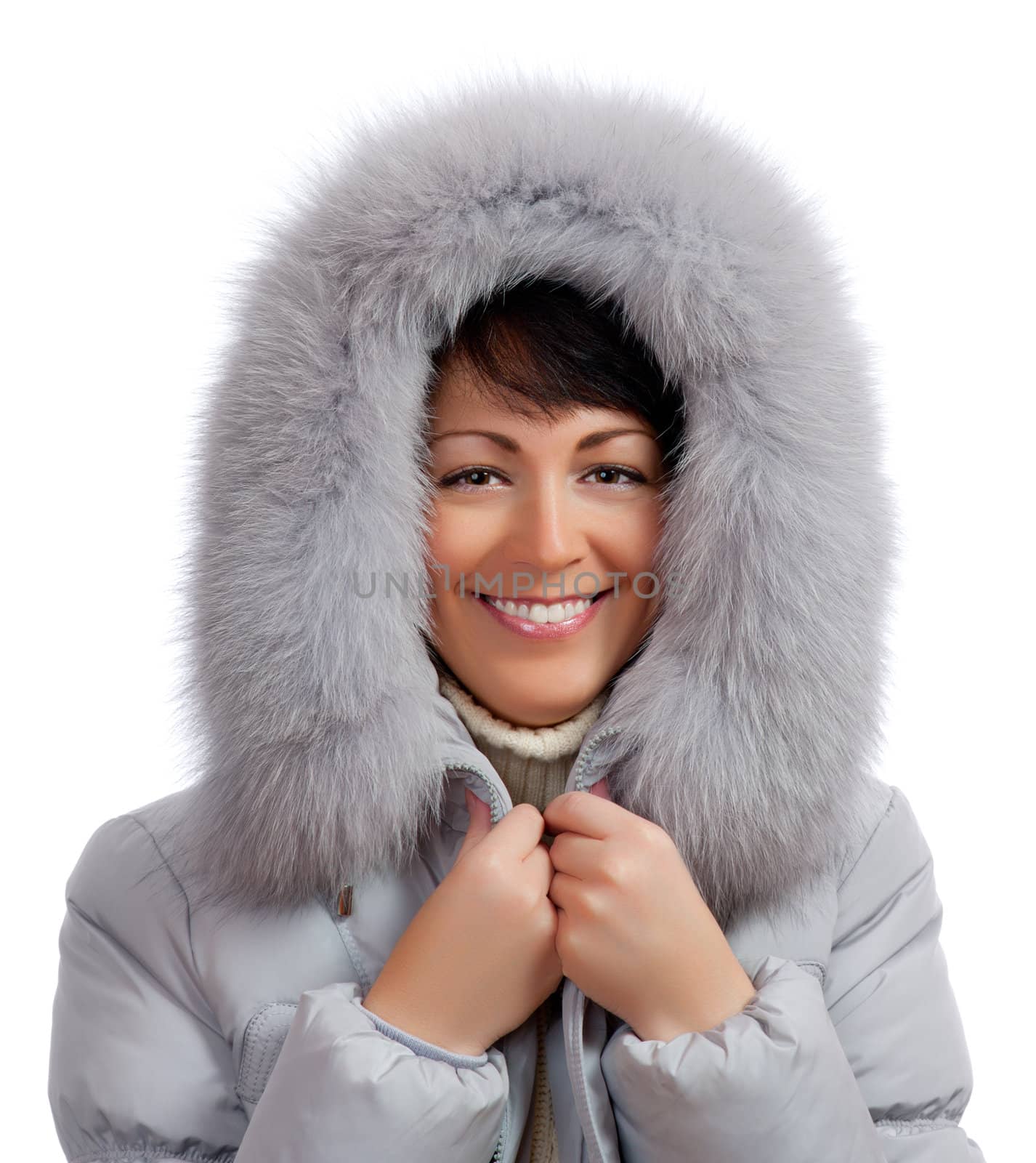 Closeup portrait of young woman in fluffy hood