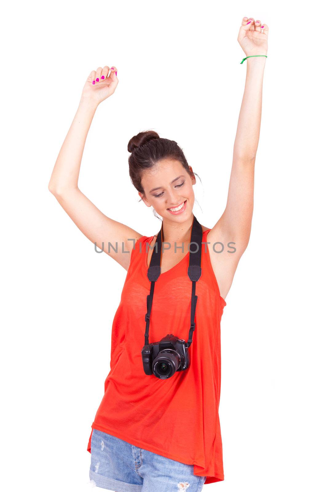 young female photograper isolated on white background