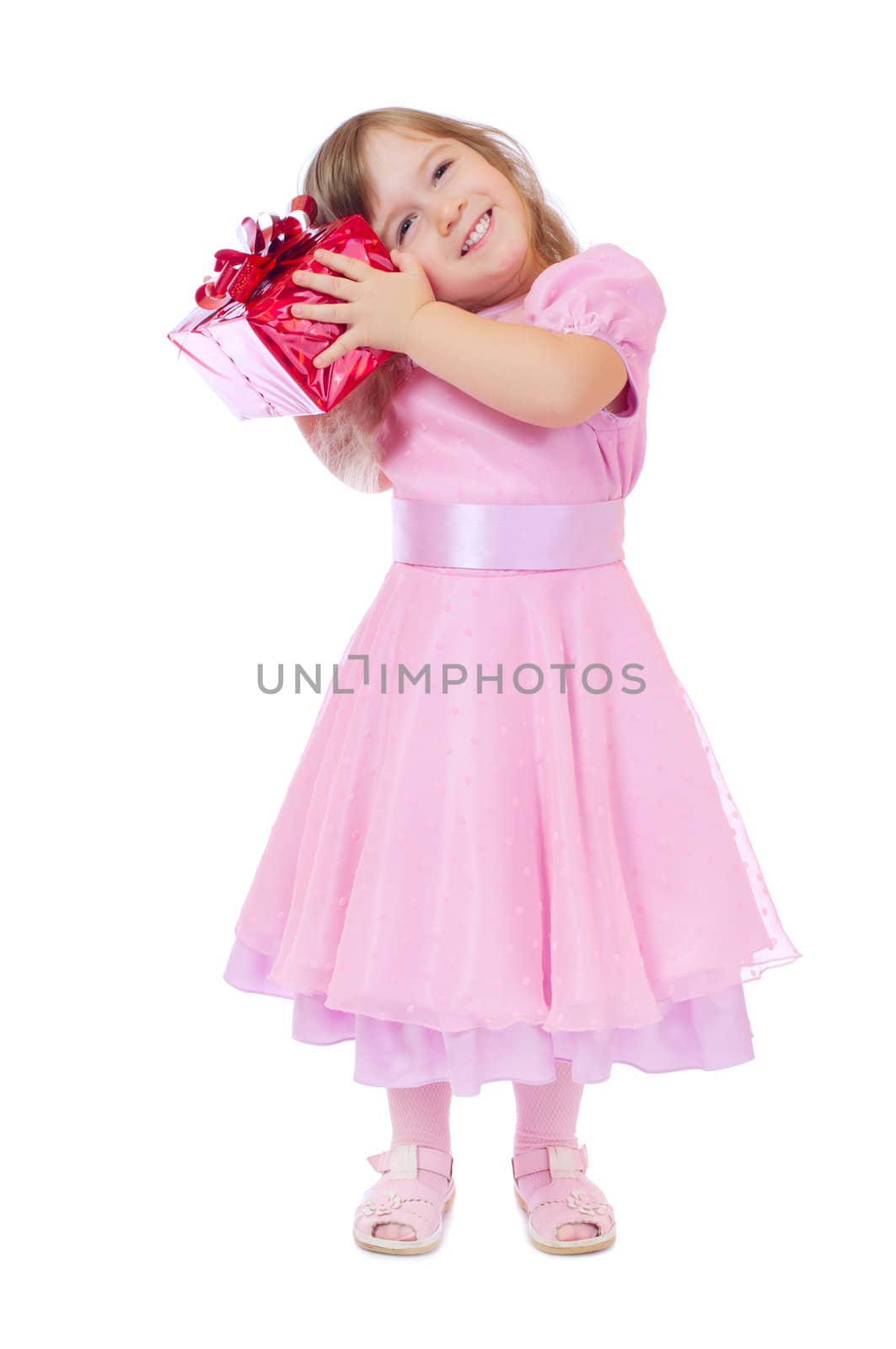 Little smiling girl with gift box isolated