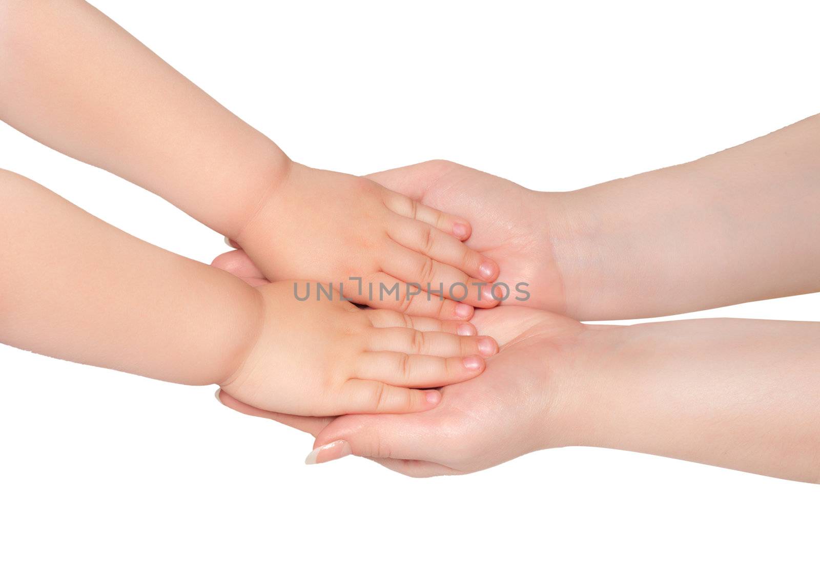 Woman hold hands of little child isolated