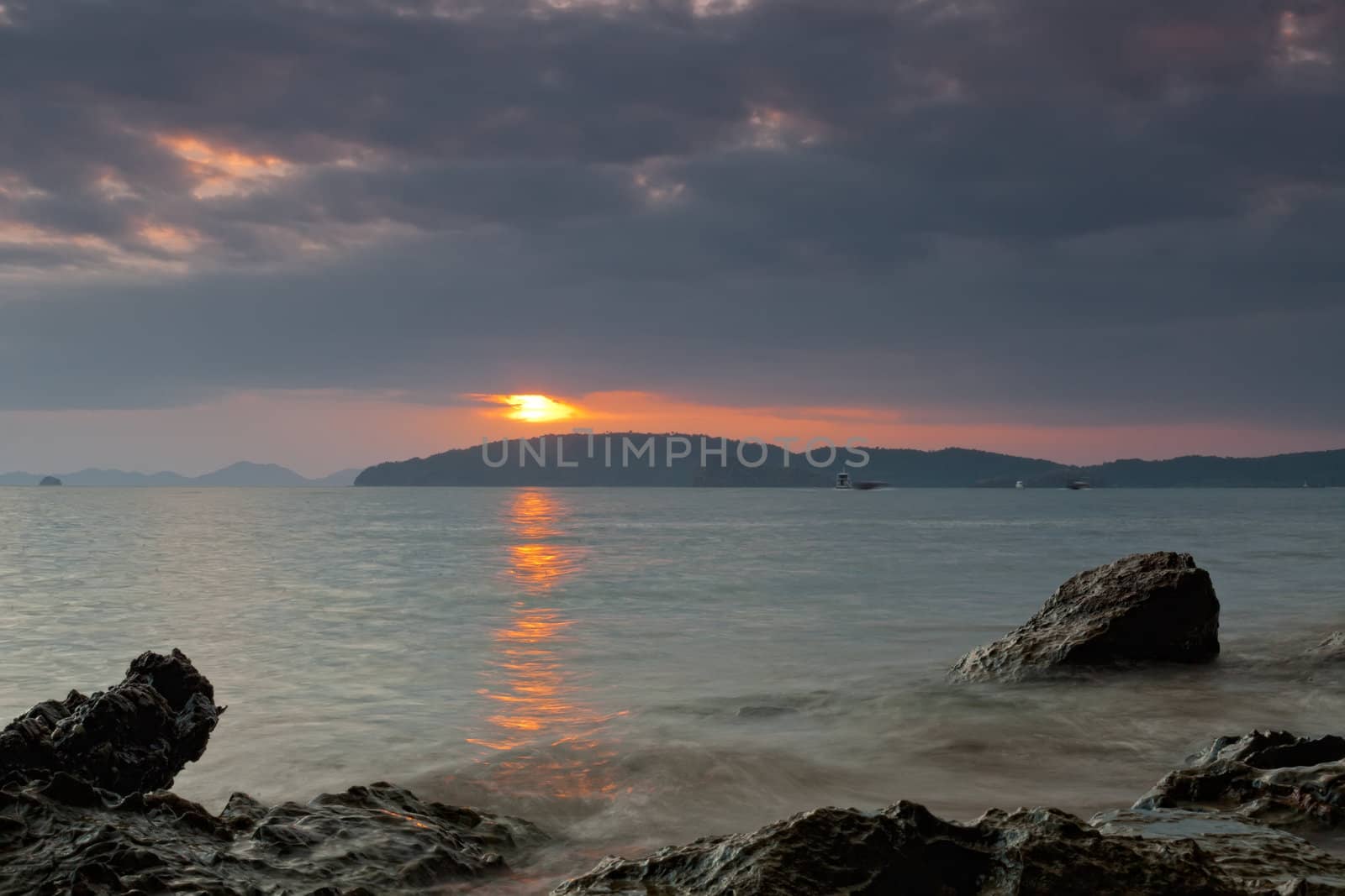 Beautiful sunset on the bank of the Andamandsky sea, Thailand