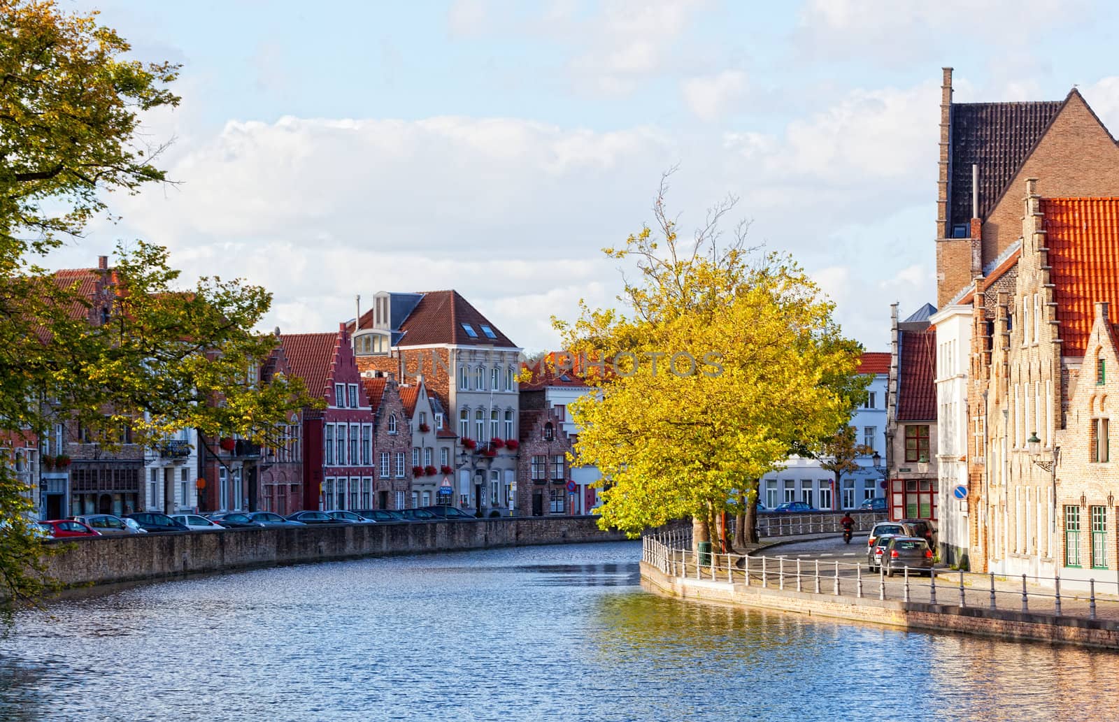 Classic view of channels of Bruges. Belgium. Medieval fairytale city. Summer urban