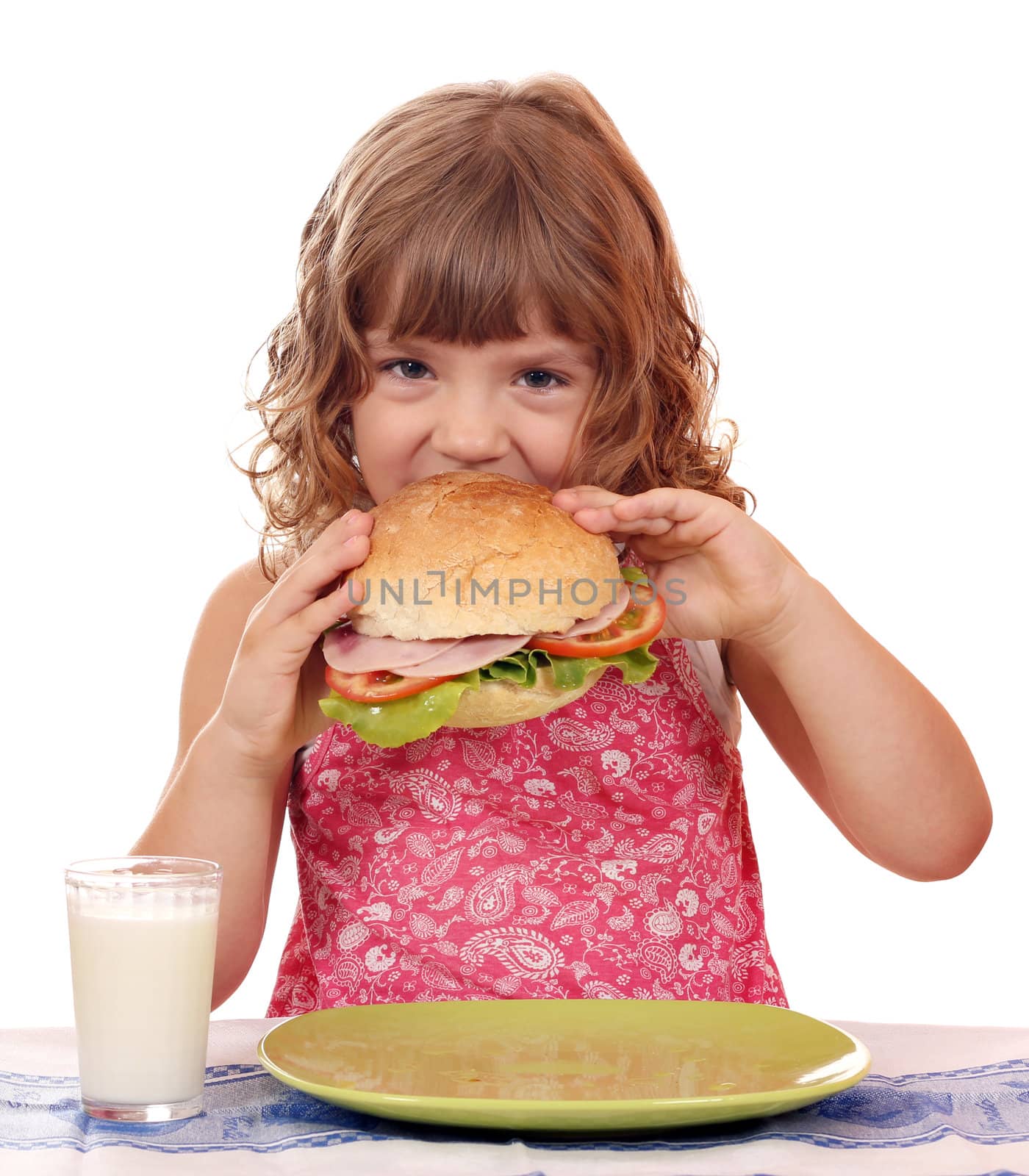 hungry little girl eating sandwich