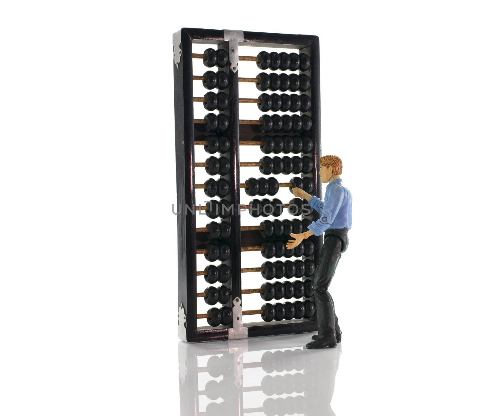 teacher puppet with old wooden asia abacus on white background