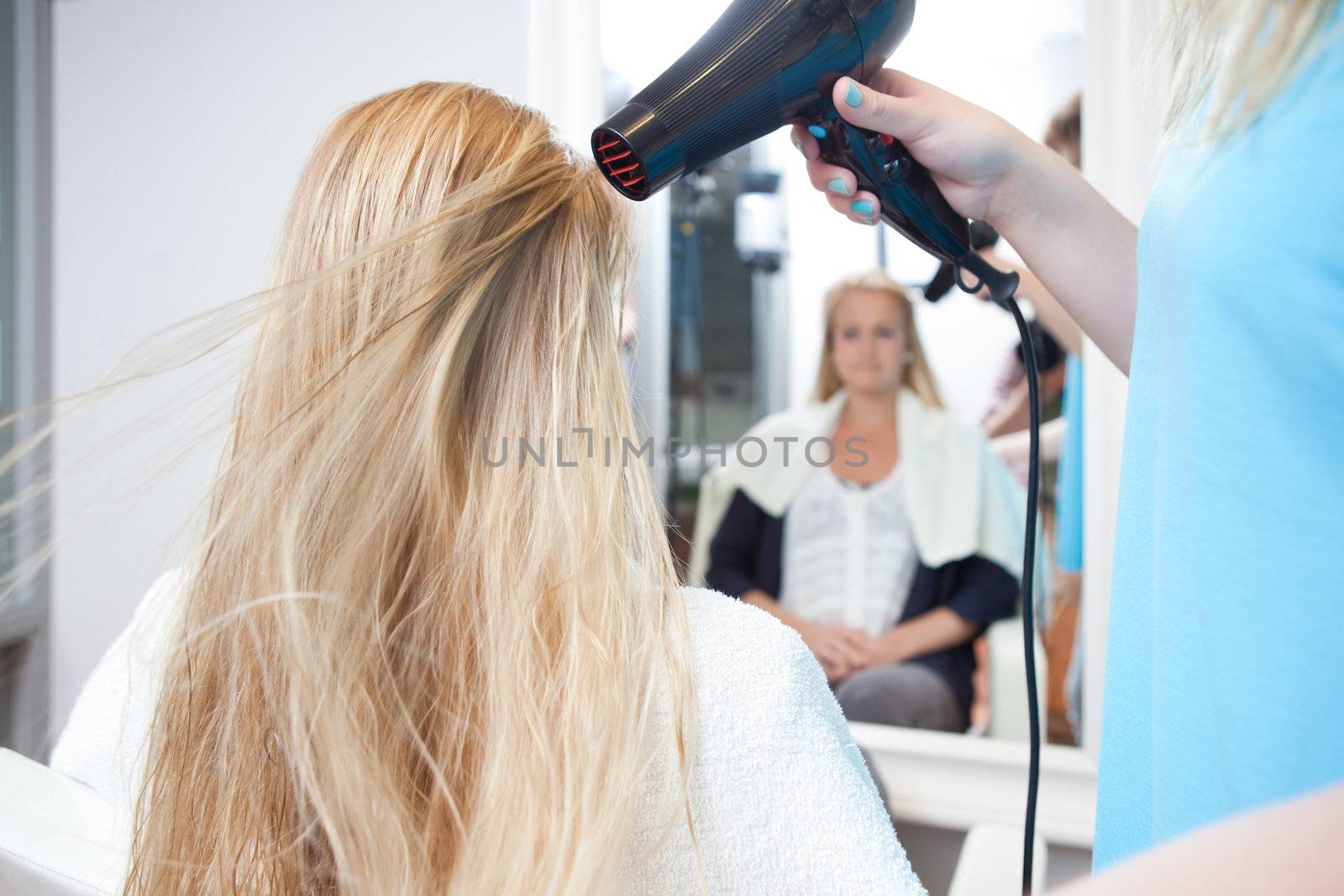 Stylist Drying Womans Hair in Beauty Salon by leaf