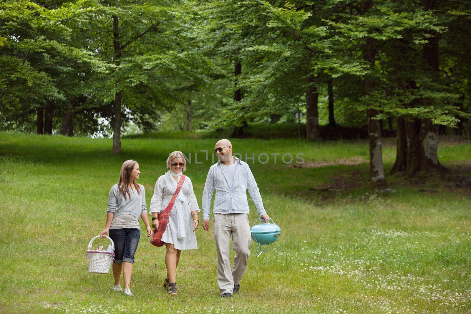 Full length of friends iin casual wear out for a picnic in a forest park