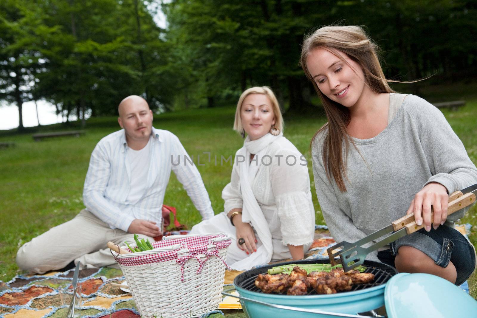 Group of Friends in Park with BBQ by leaf