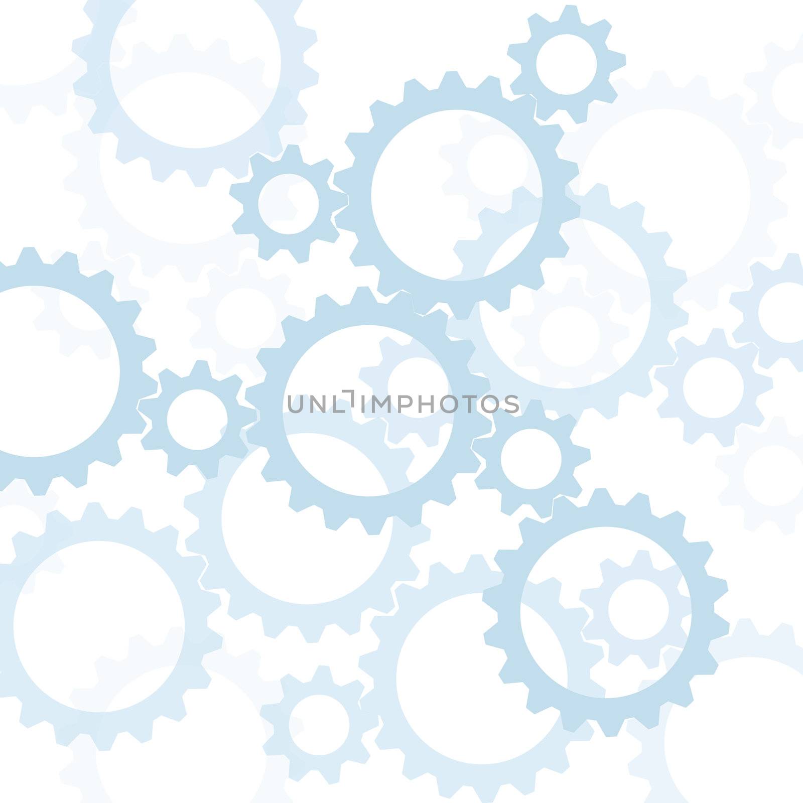 Blue interlocking gears silhouetted against white