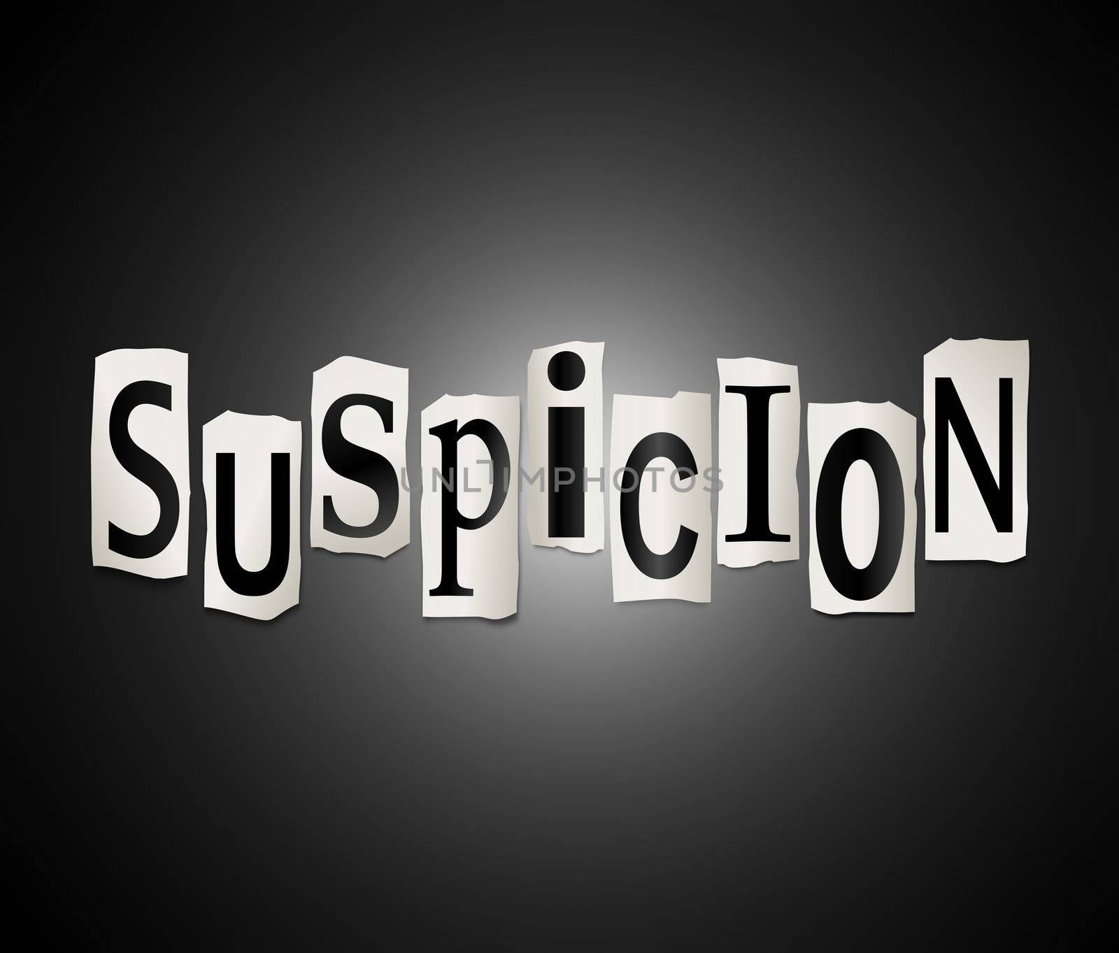 Illustration depicting cut out letters arranged to form the word suspicion.