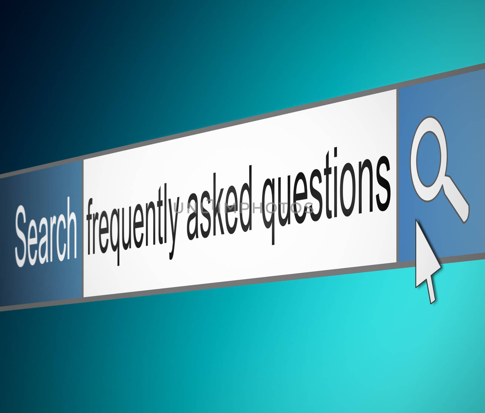 Illustration depicting a screen shot of an internet search bar containing a frequently asked questions concept.