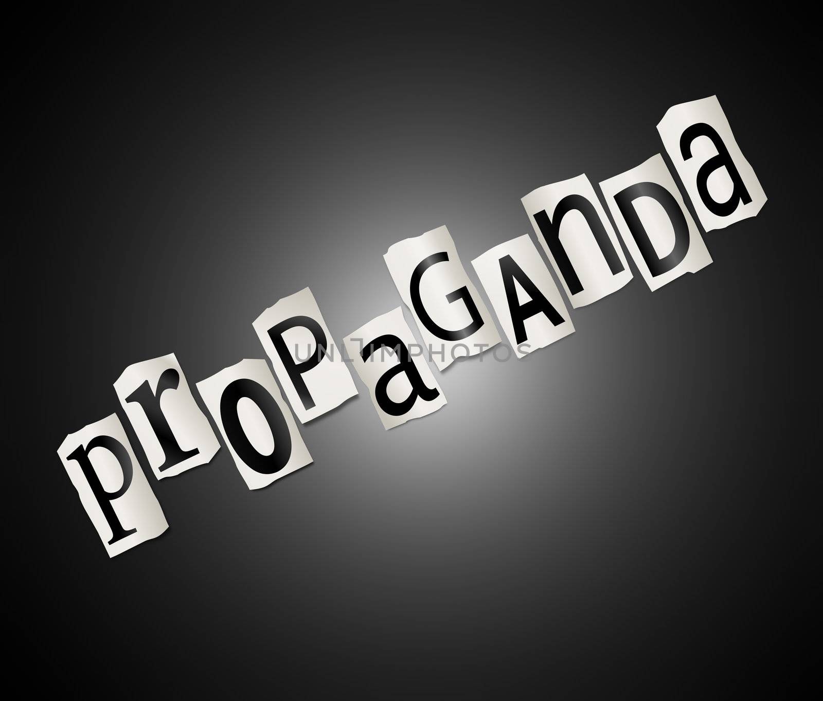 Illustration depicting cut out letters arranged to form the word propaganda.