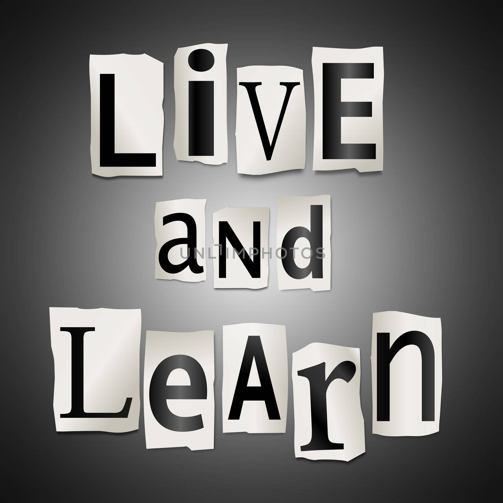 Illustration depicting cut out letters arranged to form the words live and learn.