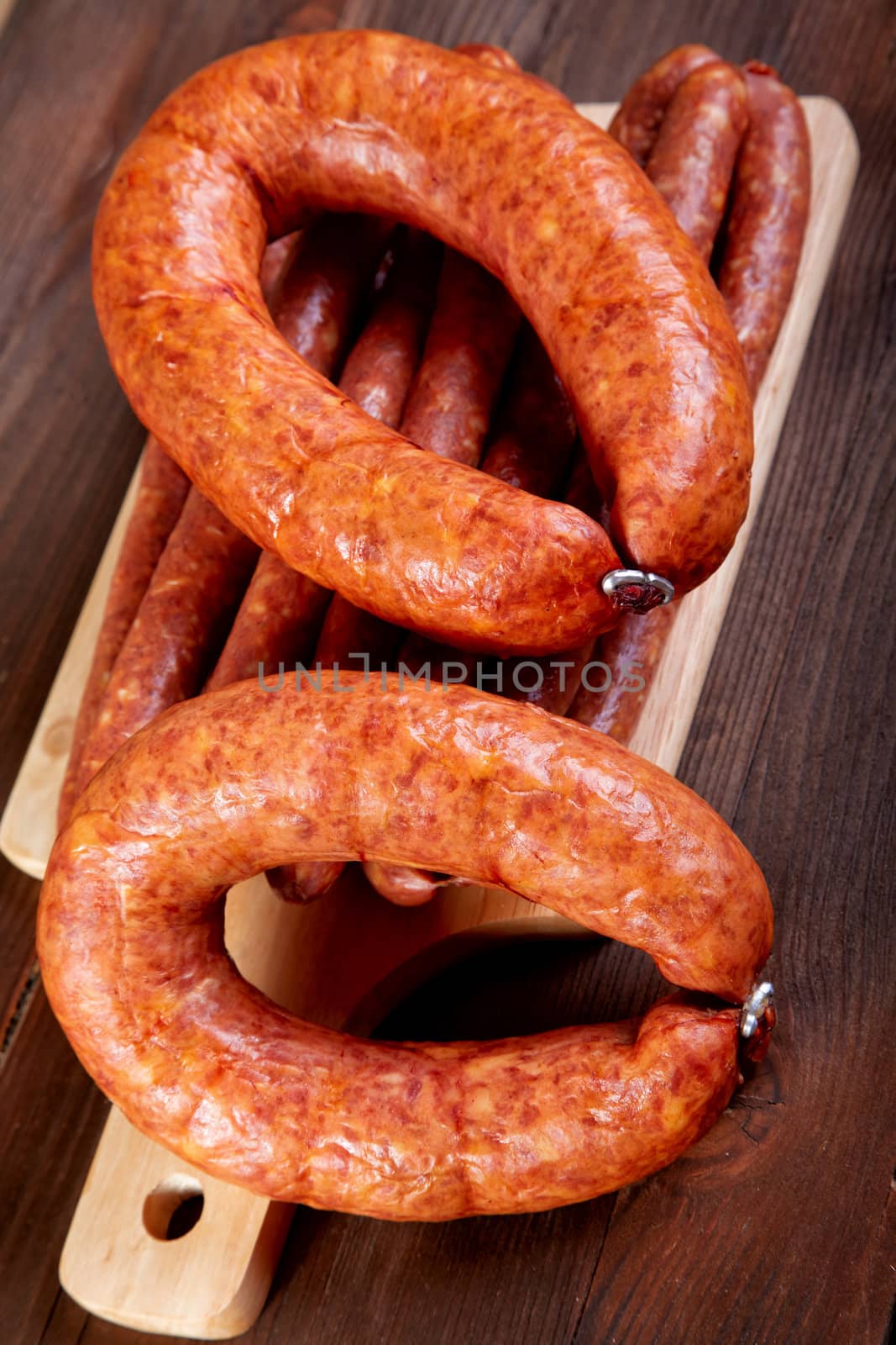 Smoked sausage on a kitchen table