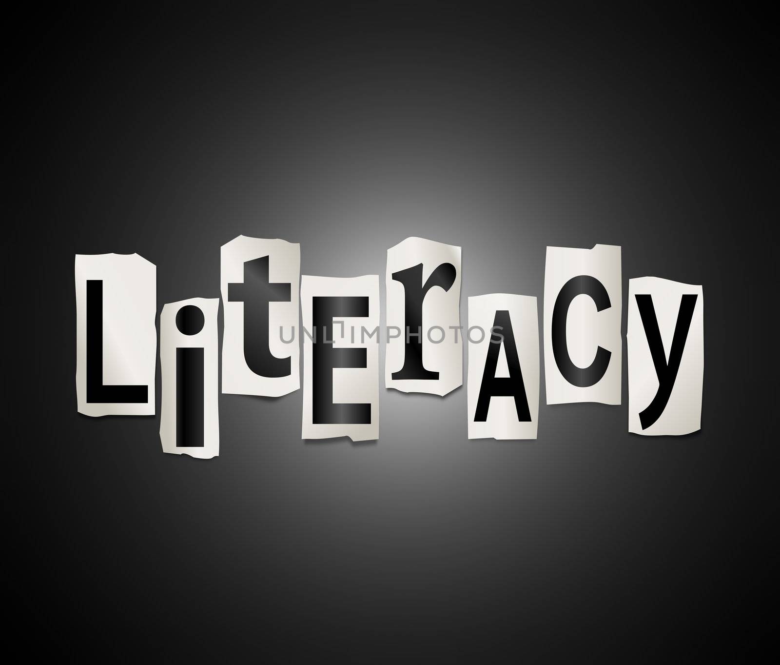 Illustration depicting cut out letters arranged to form the word literacy.