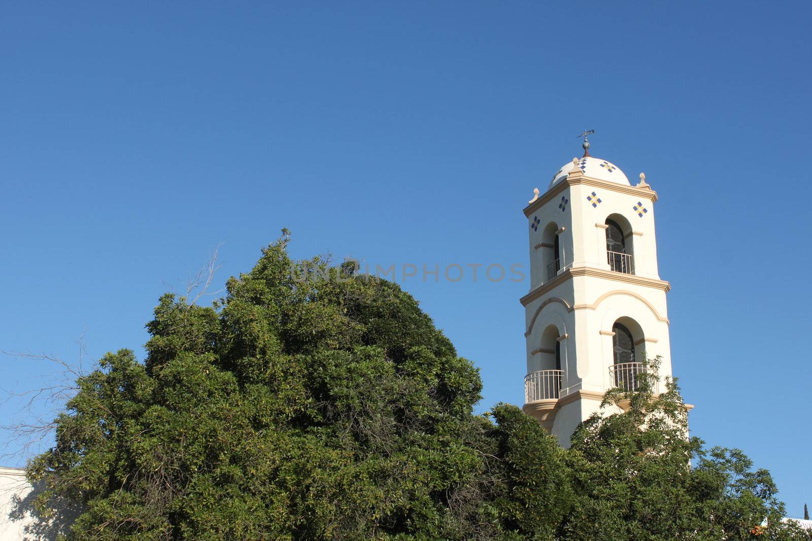The Ojai Post Office Tower with a beautiful blue sky in the background.
