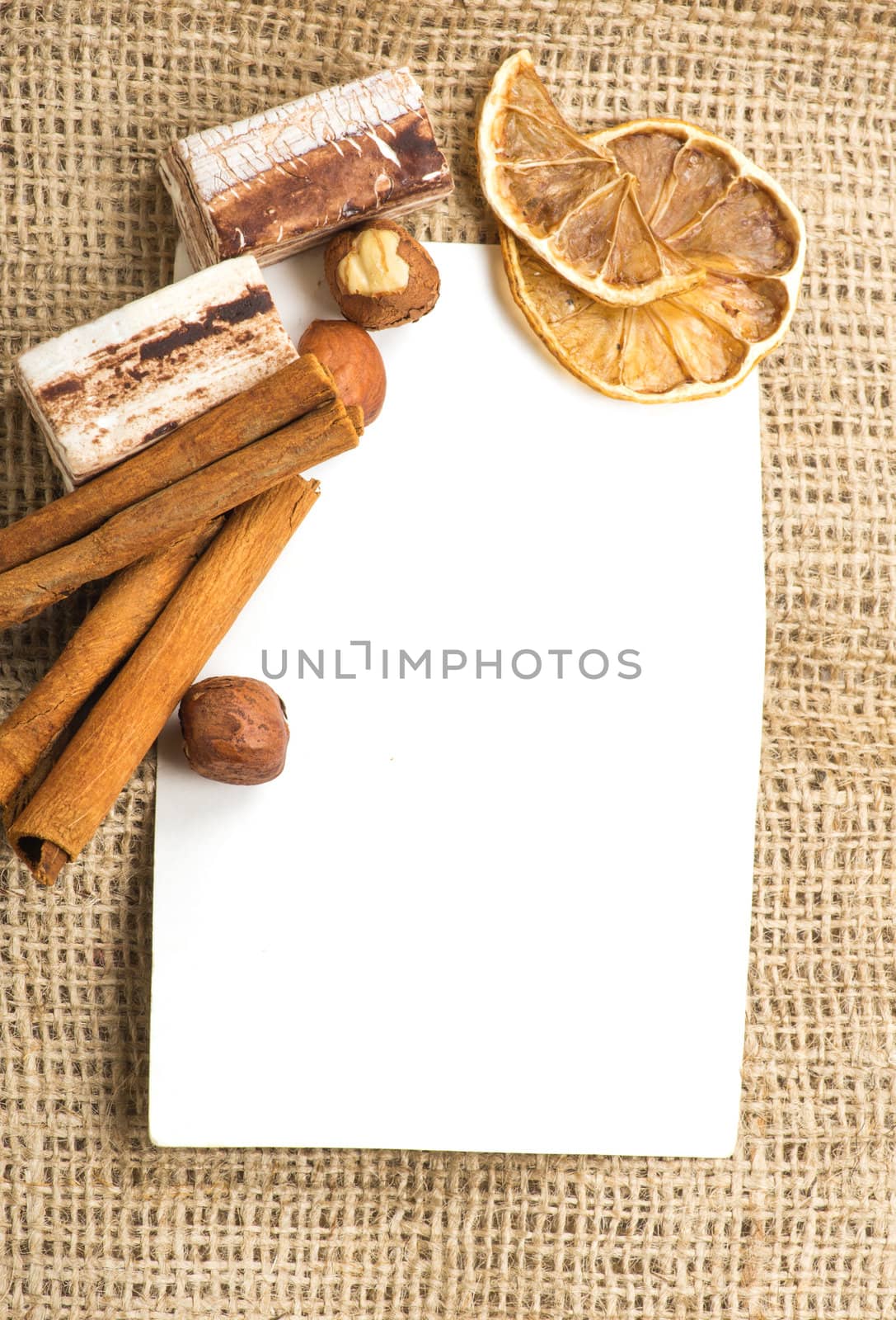 Menu Design.Old paper, coffee bean, cinnamon, lemon, burlap.