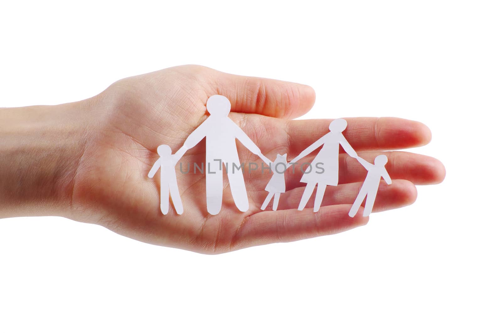 Paper family in hands isolated on white background