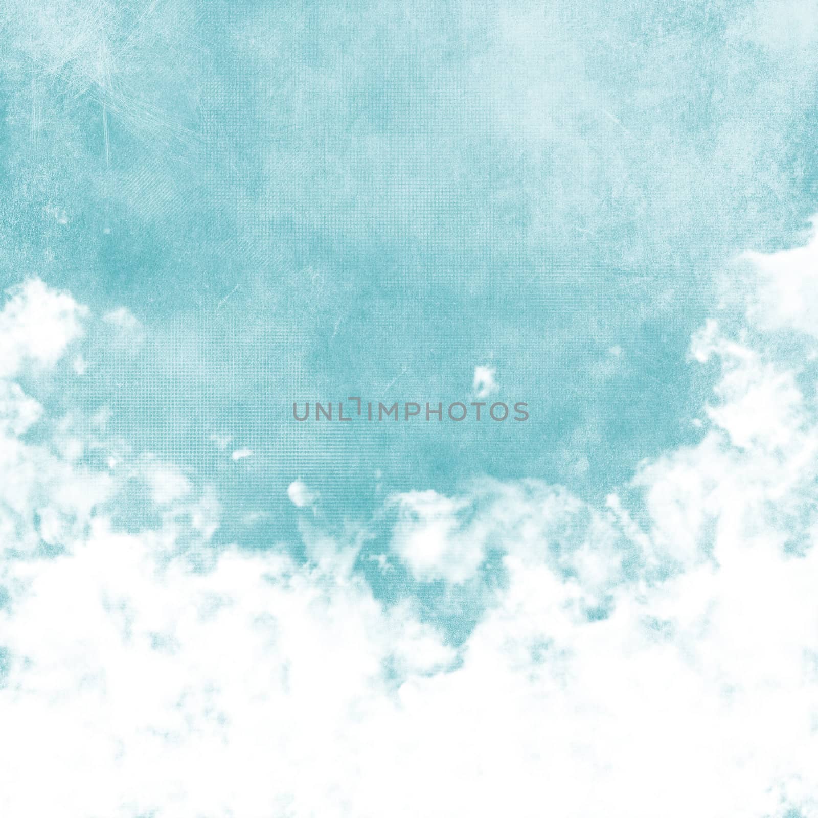 Sky, fog, and clouds on a textured, vintage paper background with grunge stains
