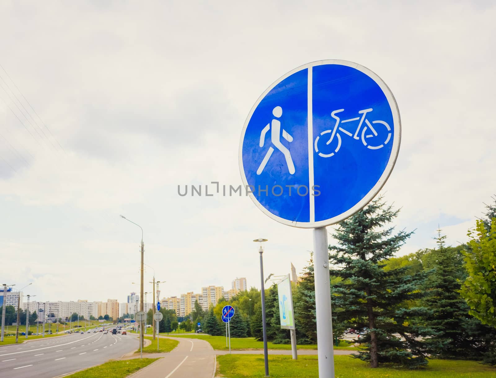 Blue road sign on the road by ryhor