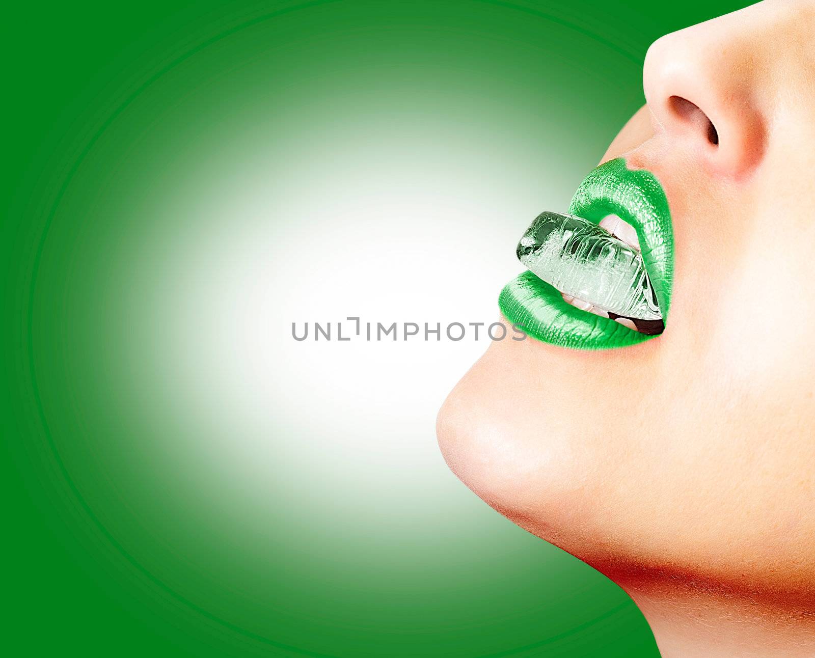 Closeup of green lips whit an ice cube  by doble.d