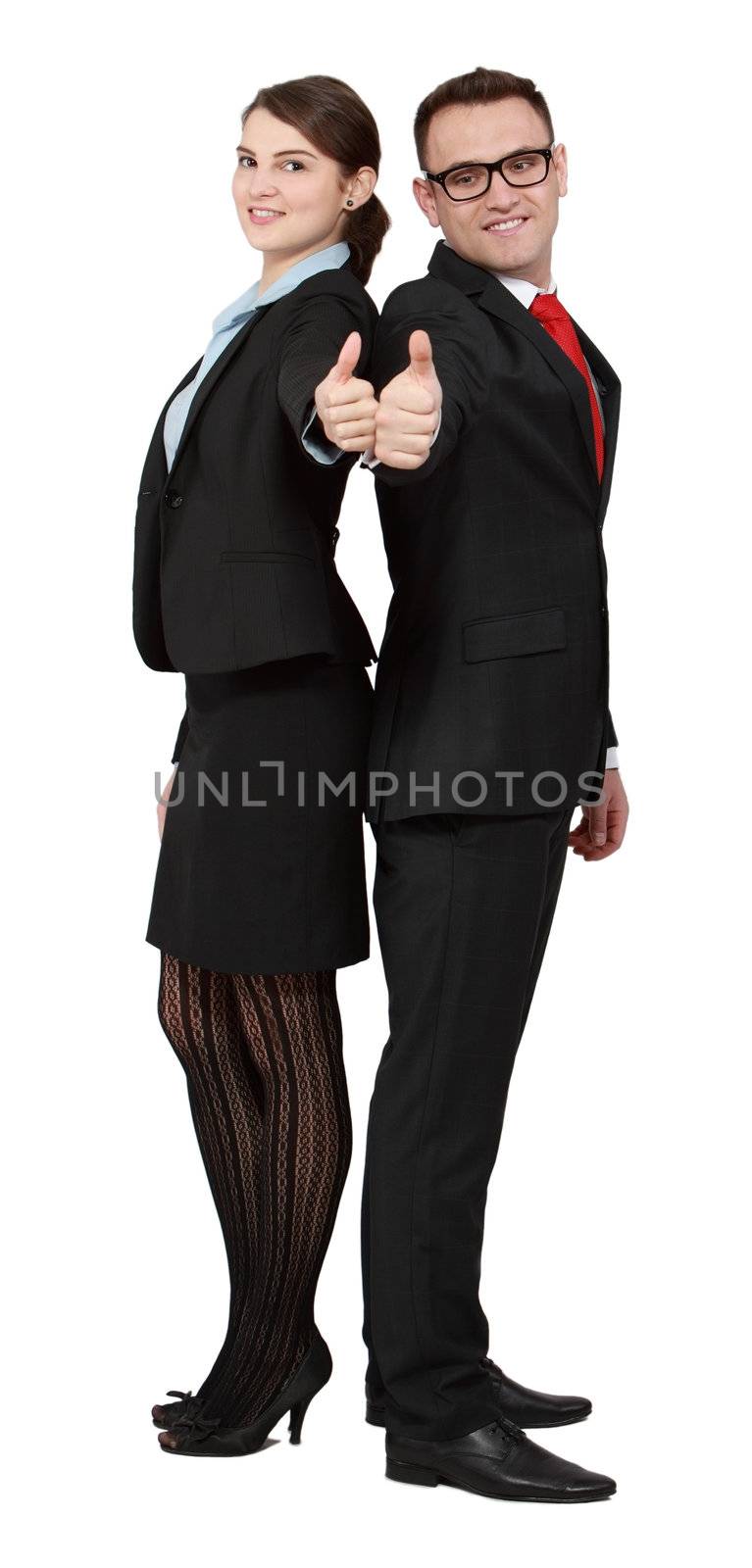 Successful business couple with thumbs up isolated against a white background.