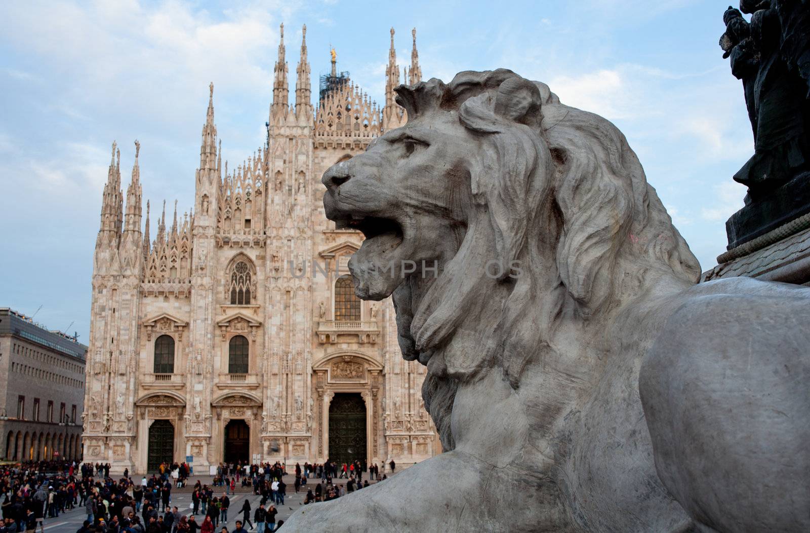 Lion statue of Vittorio Emanuele II monument in Piazza del Duomo Milan, Italy