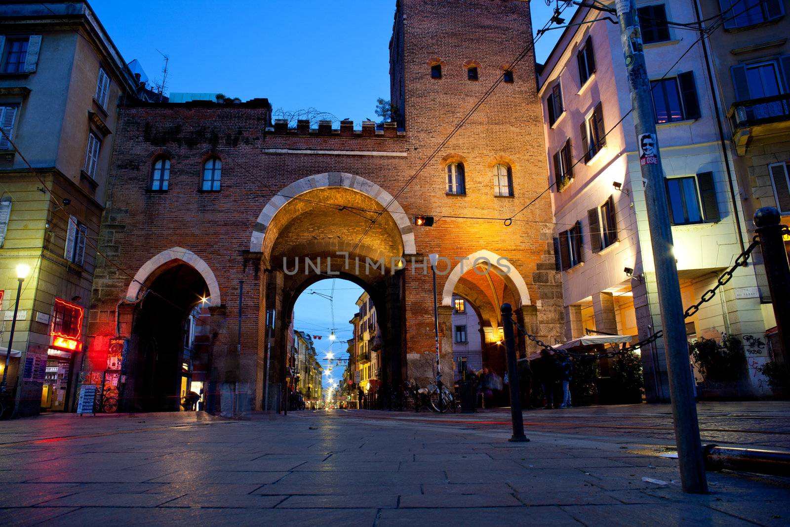 View of Porta Ticinese at sunset in Milan