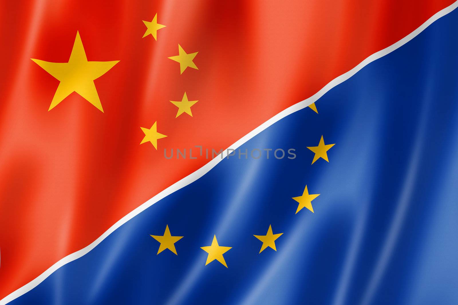 Mixed China and Europe flag, three dimensional render, illustration