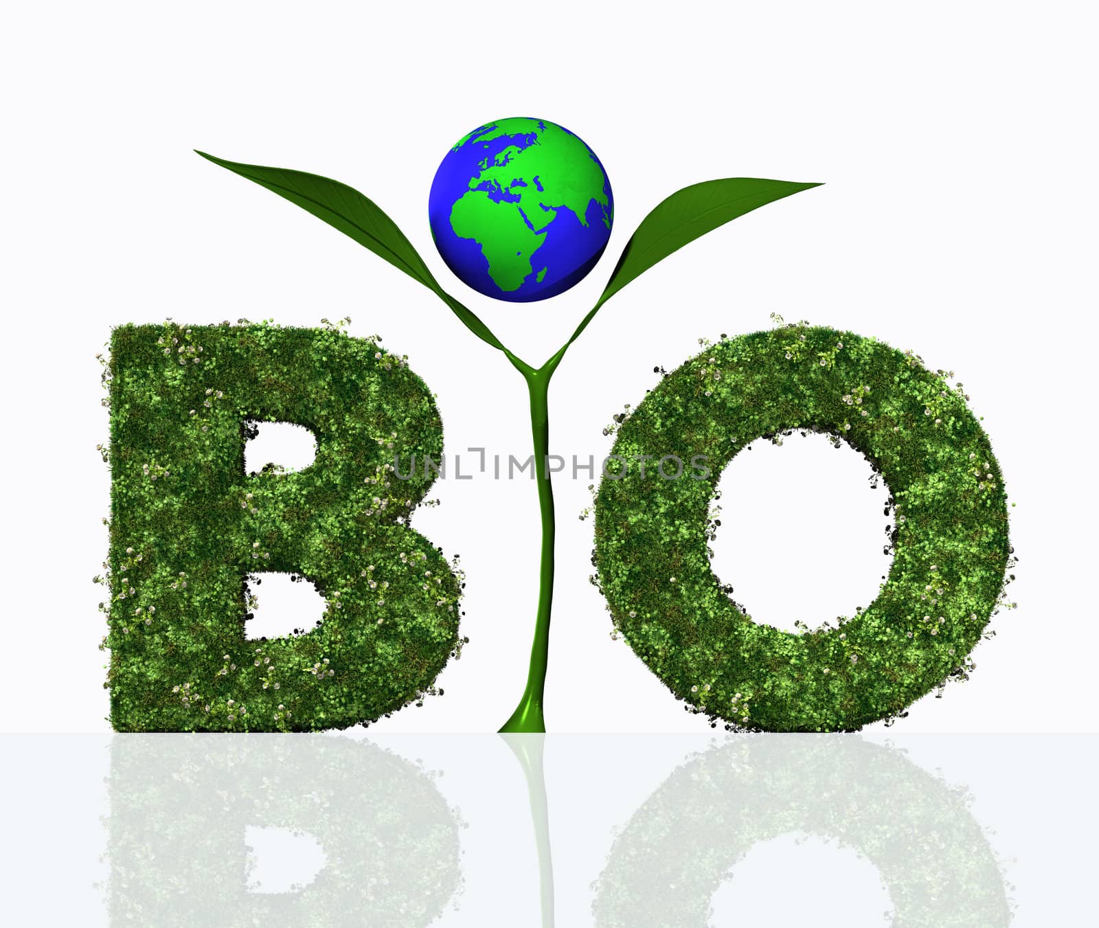 a view of the bio word composed from the letters B and O that are covered by grass and flowers, and the letter I that is a small green plant with two leaves and the world that is placed among them