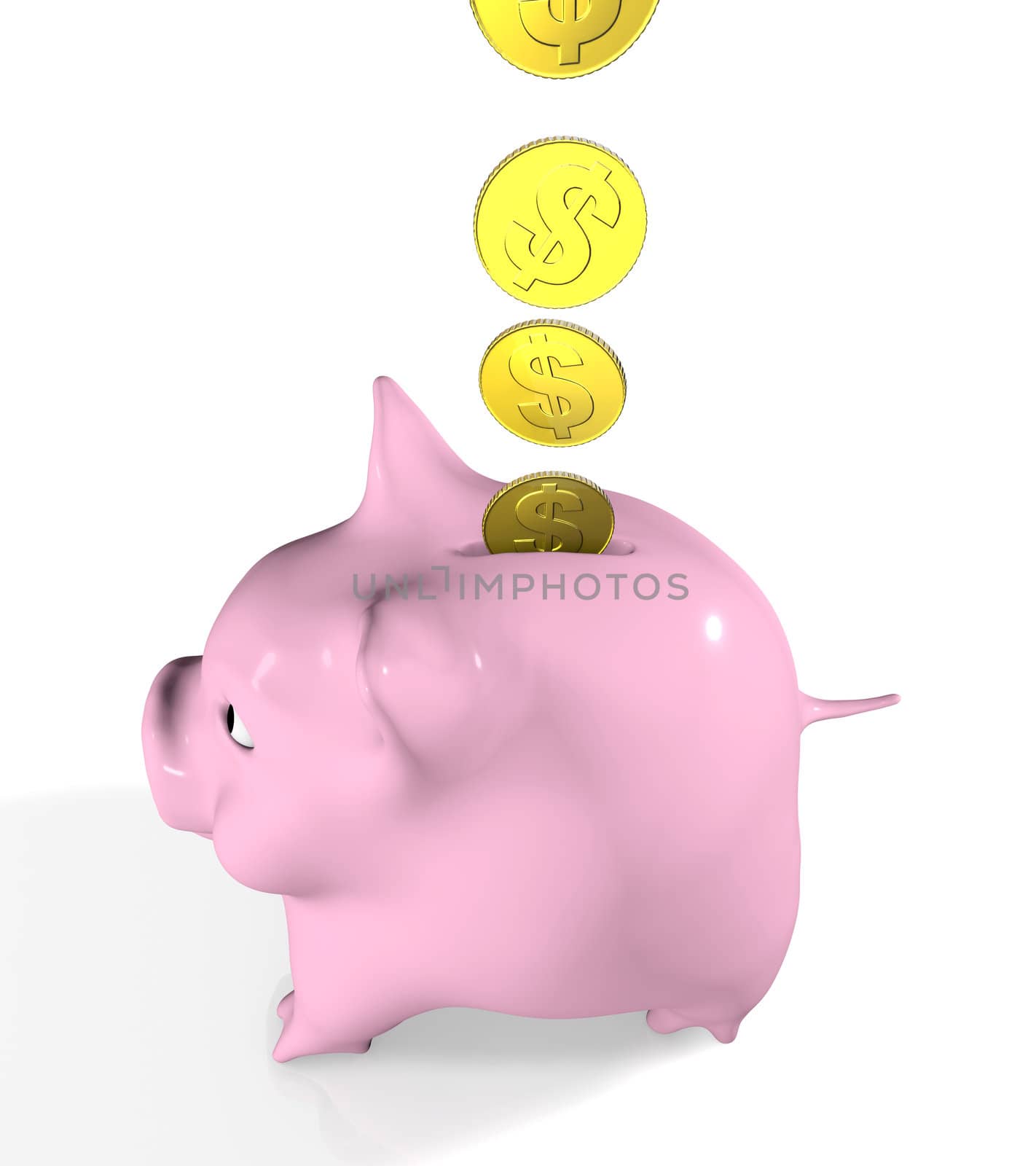 a row of golden coins from above are going into a pink piggy bank, seen in profile on a white background