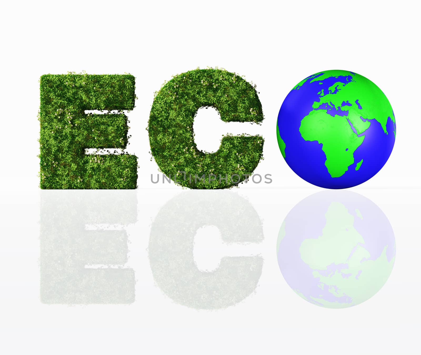 a front view of the eco word composed from the letters E and C that are covered by grass and flowers, and the letter O that has been replaced by a blue and green world