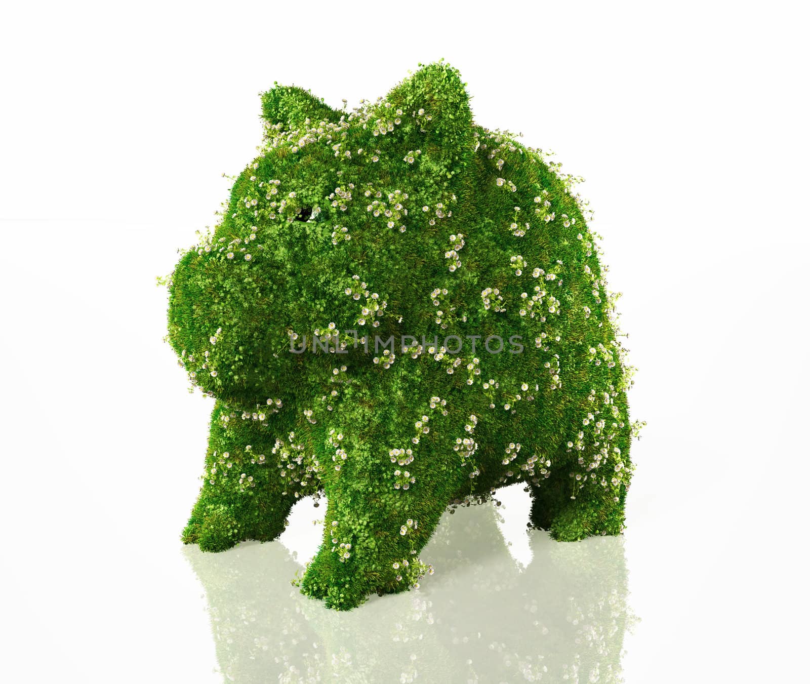 a piggy bank is fully covered except the eyes with grass and flower, on a white background