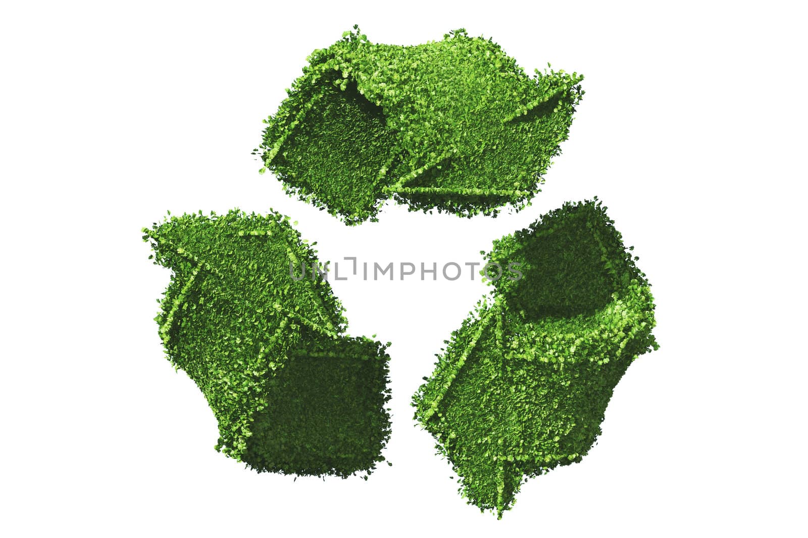 a recycle symbol that is made in 3D render is covered by grass and isolated on white background