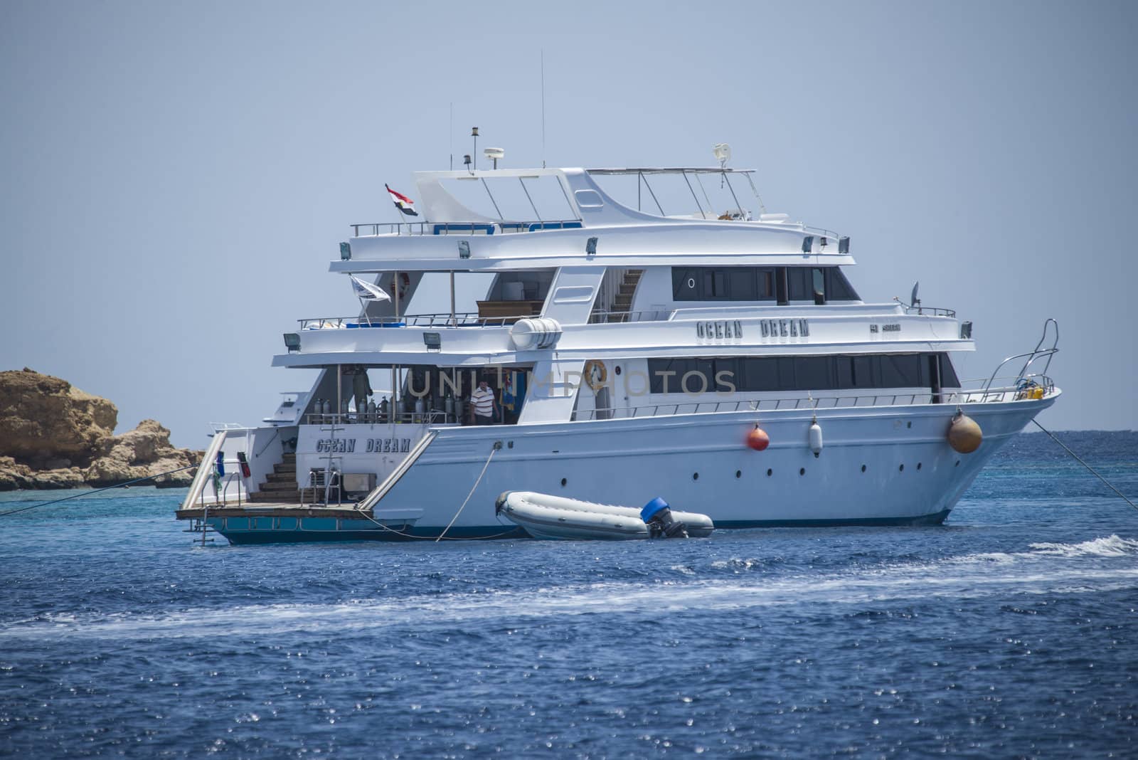 The boat is anchored at the coral reefs in the bay of Sharm el Sheikh, Egypt. The picture is shot one day in April 2013